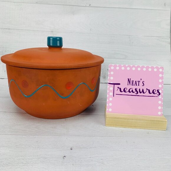 Vintage Himark TERRA COTTA Turquoise South Western  Covered Crock Casserole Dish - Picture 1 of 11